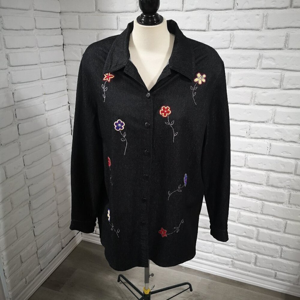 TanJay Ladies Button Front  Size Large Loose Fit Black Jean Shirt/Jacket